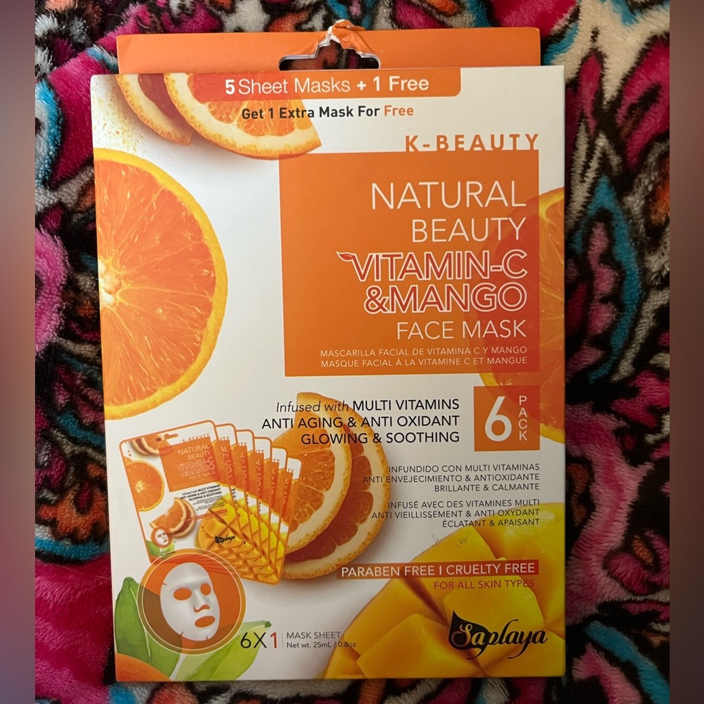 6 Pack KBeauty Natural Beauty Vitamin-C & Mango Face Mask Sheet Set